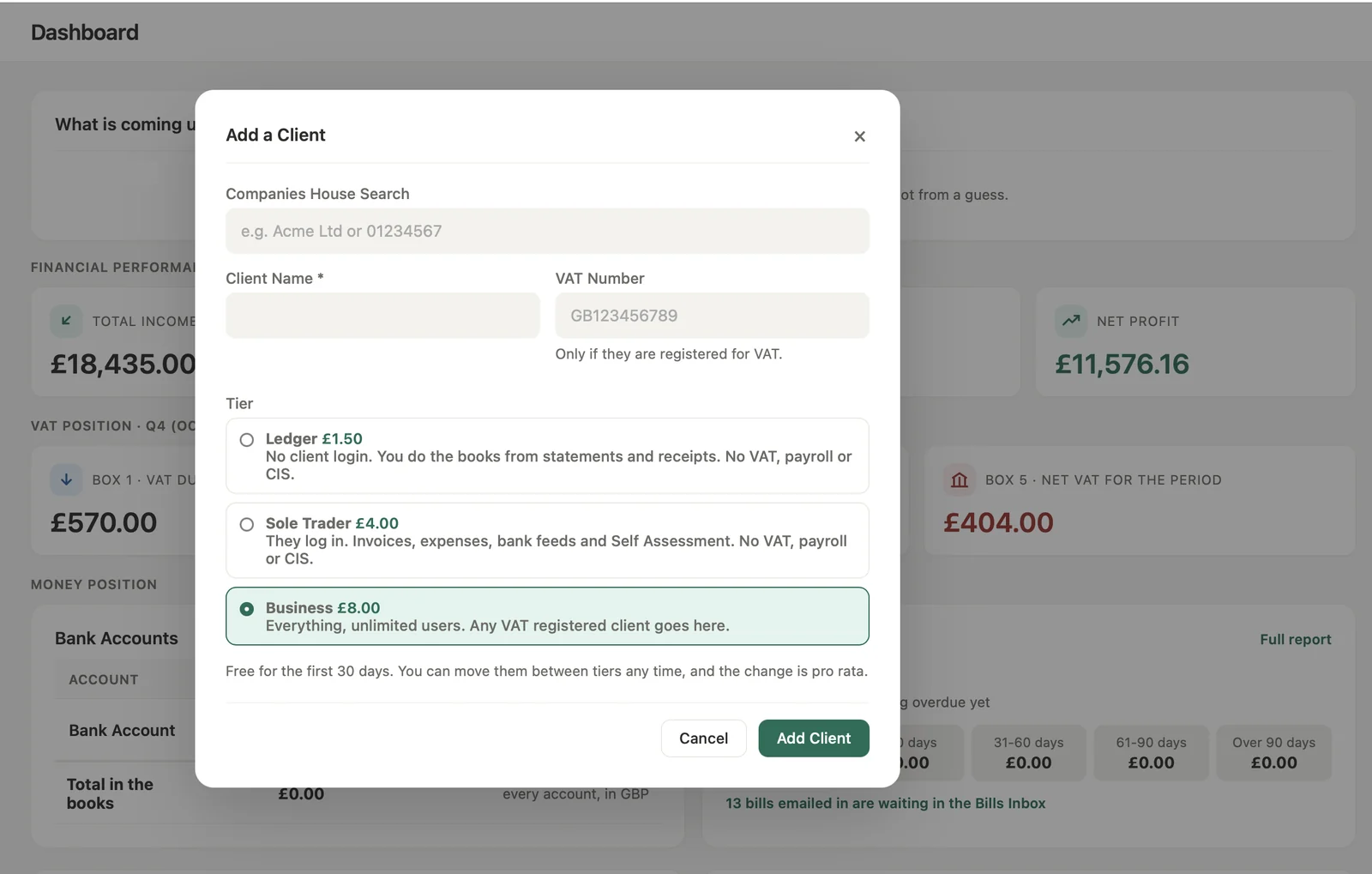 Adding a client: Companies House search, the client's name and VAT number, and the three tiers