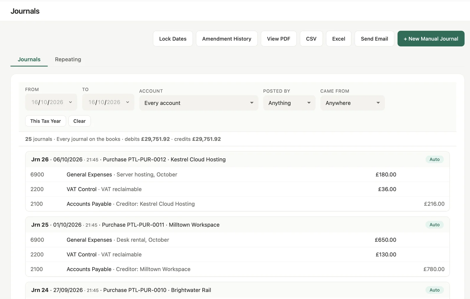 Journals: each purchase posted to expenses, VAT control and accounts payable