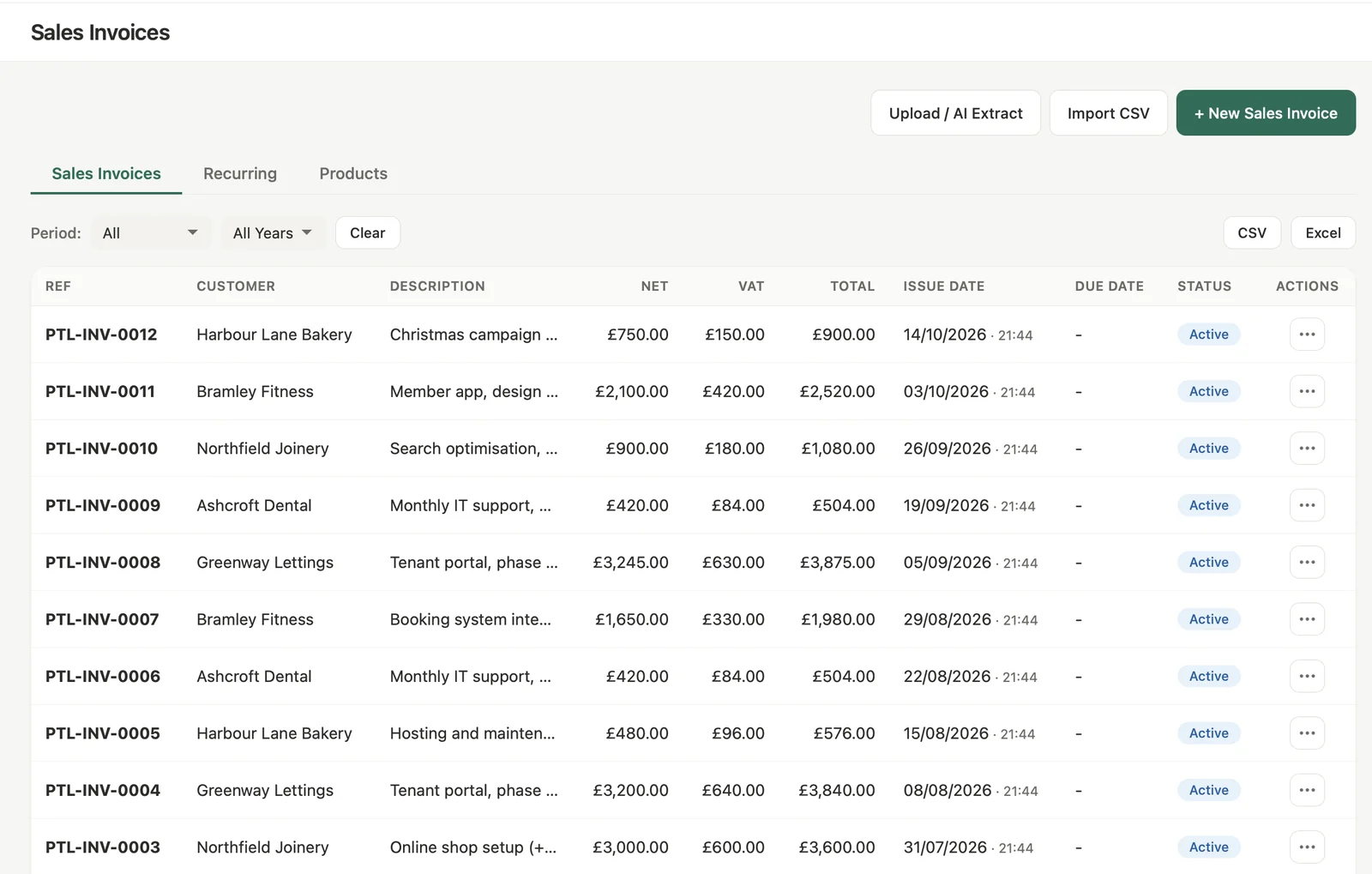 Sales invoices: reference, customer, description, net, VAT, total, dates and status